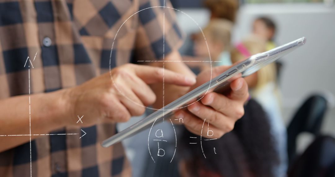 Teacher Using Tablet with Math Equations Overlayed