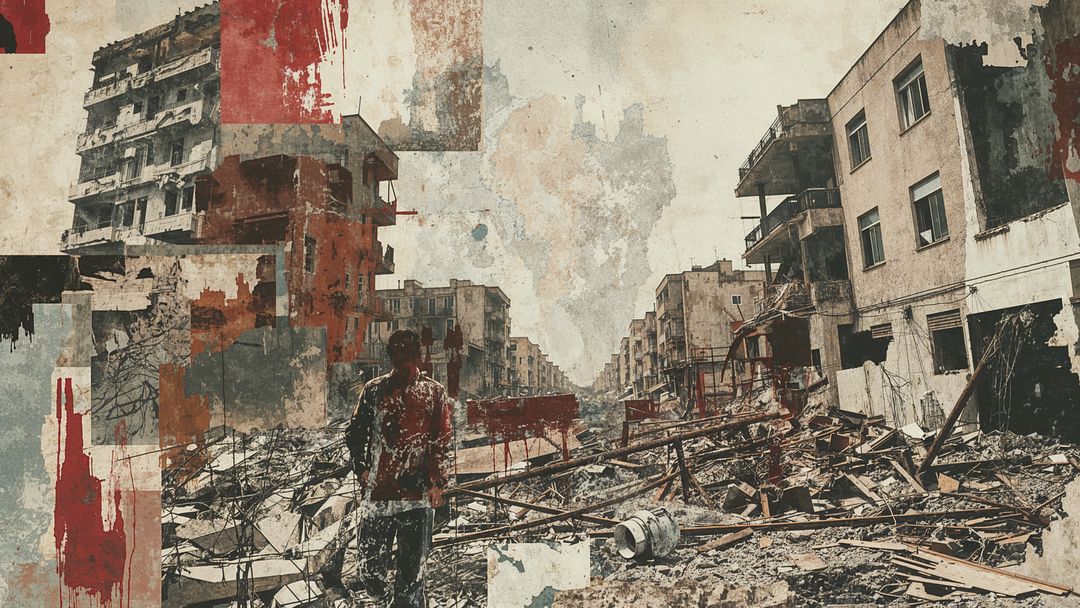 Man navigating earthquake ruined urban landscape amidst decay