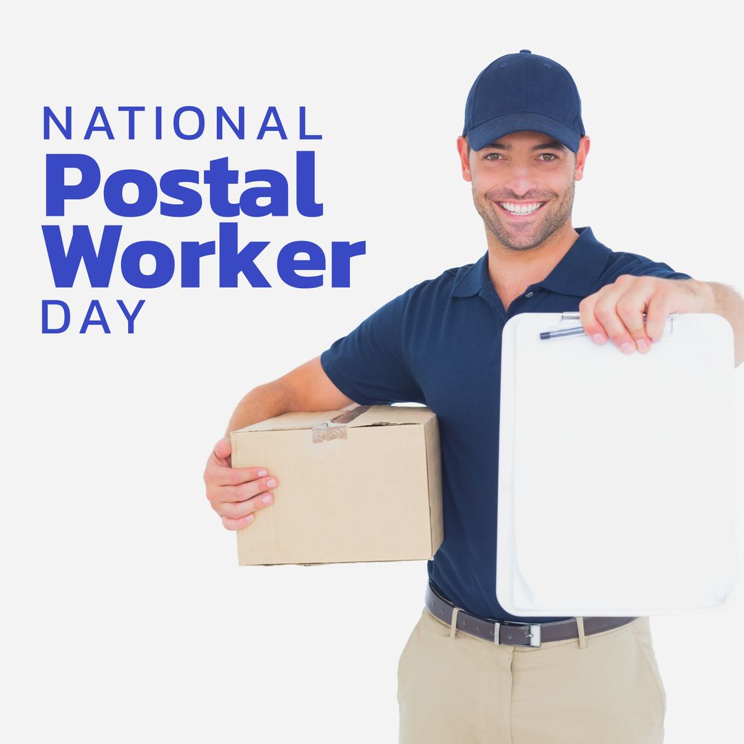 Smiling Postal Worker Holding Delivery Package and Clipboard