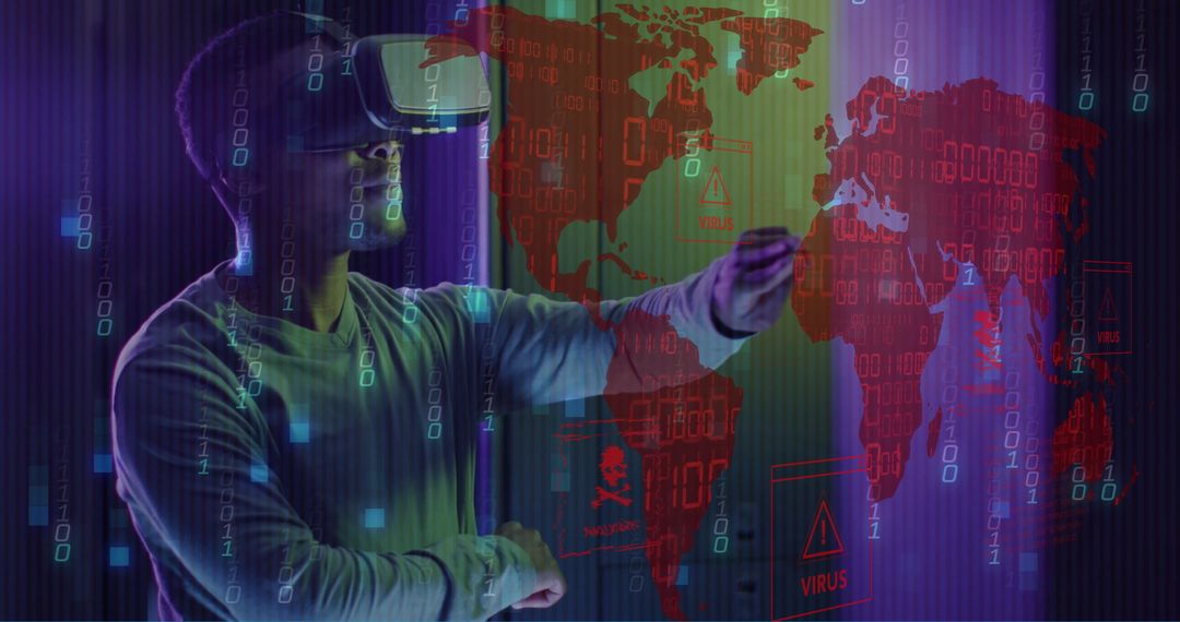 Man Using VR Headset with Global Digital Data Interface