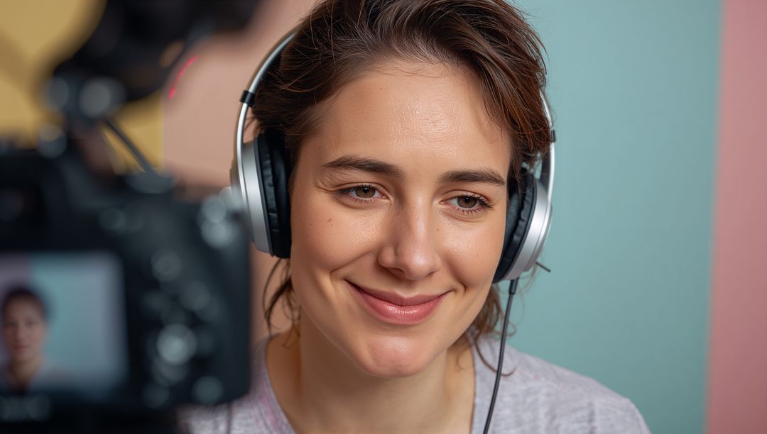 Smiling Podcaster with Headphones in Creative Studio Setup