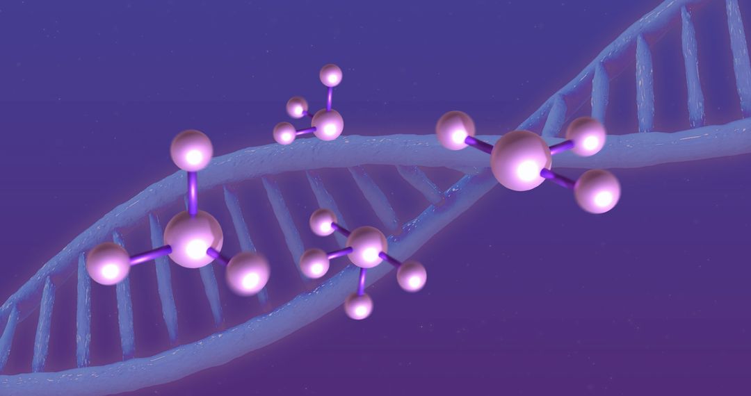 Abstract DNA Strand with Floating Molecules on Purple Background