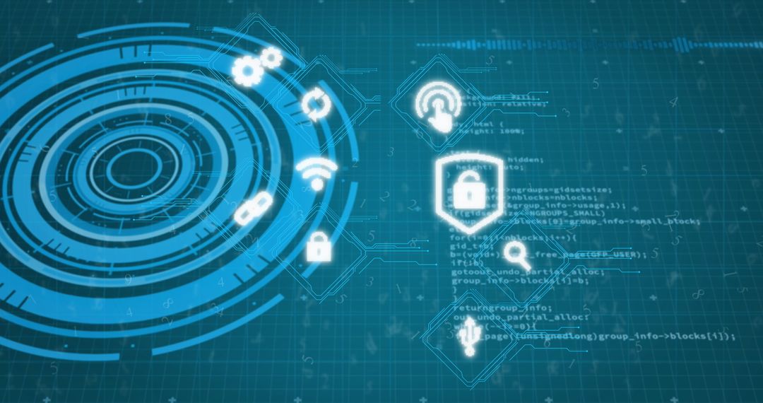 Digital Security Icons on Futuristic Data Interface