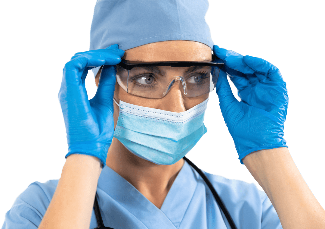 Transparent Health Worker Adjusting Protective Glasses