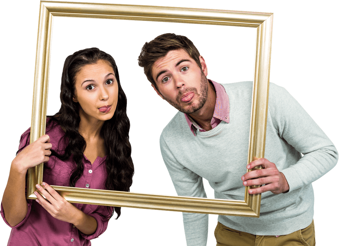Playful Couple With Picture Frame On Transparent Background