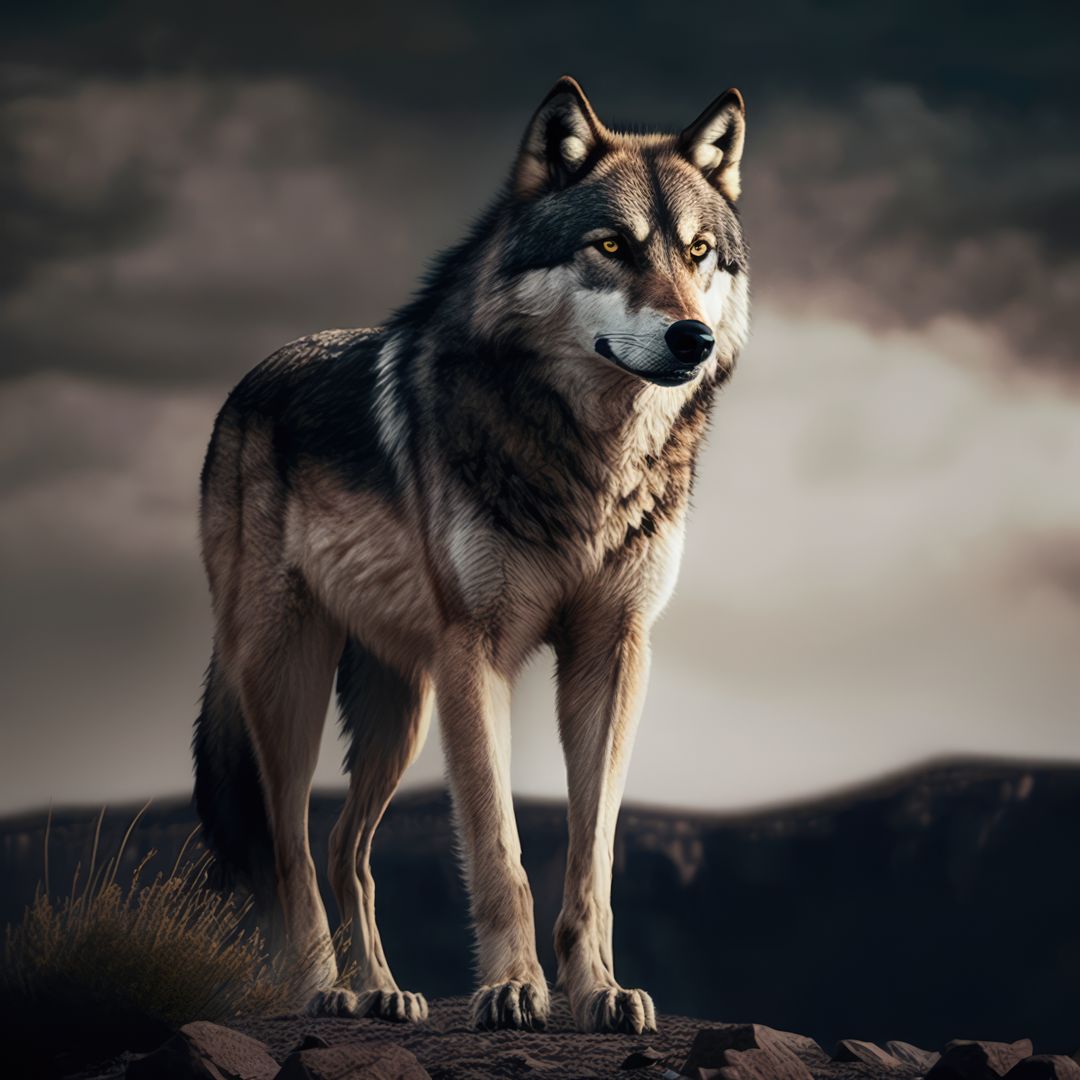 Majestic Gray Wolf Standing on Rocky Terrain in Wilderness - Free Images, Stock Photos and Pictures on Pikwizard.com