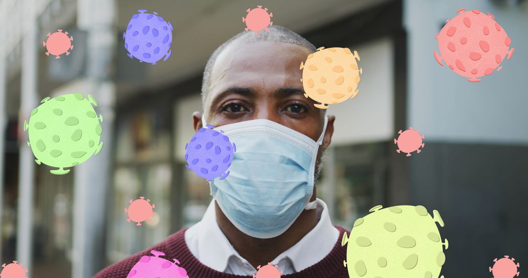 Man Wearing Face Mask with Graphic Virus Cells