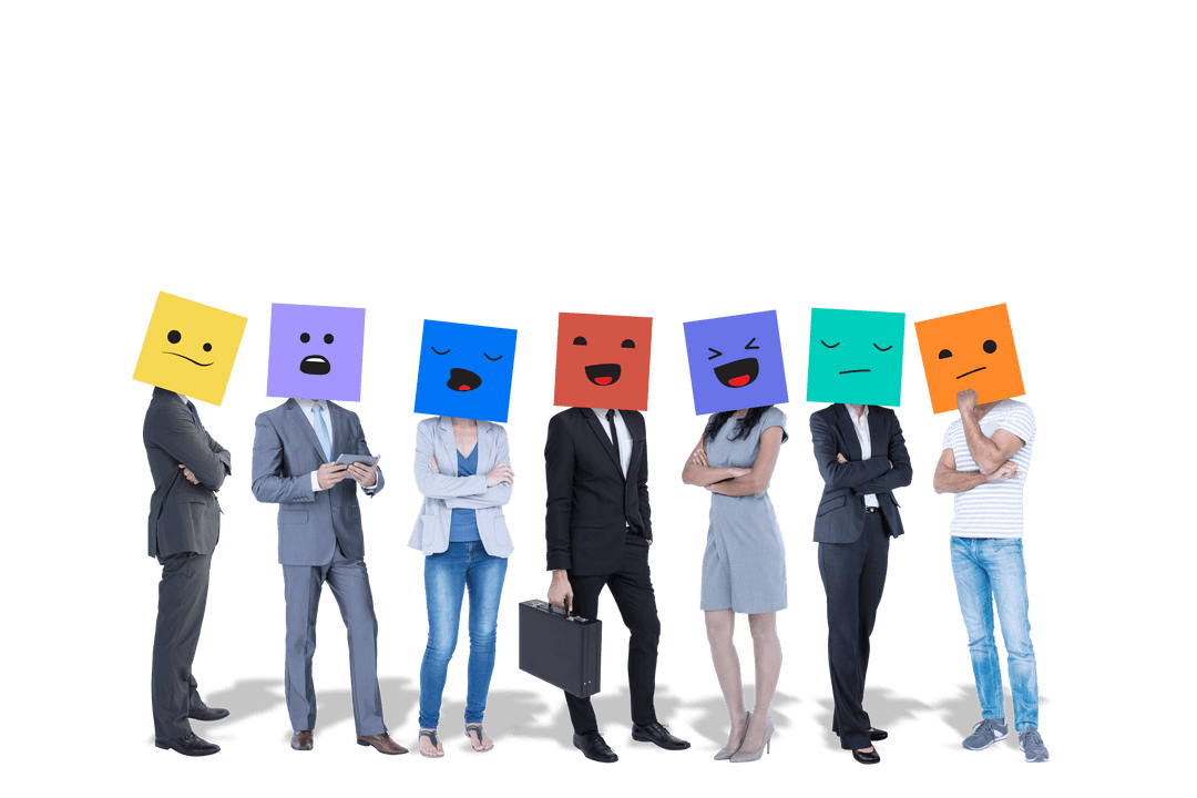 Business Professionals with Colorful Cube Heads on Transparent Background