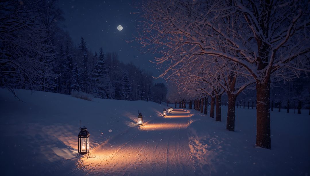 Moonlit Winter Path Lined with Lanterns and Snow-Covered Trees Creating Warm Glow