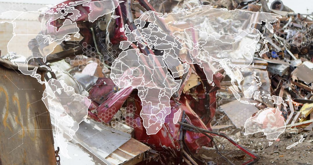 World Map Overlayed on Scrap Metal for Global Recycling