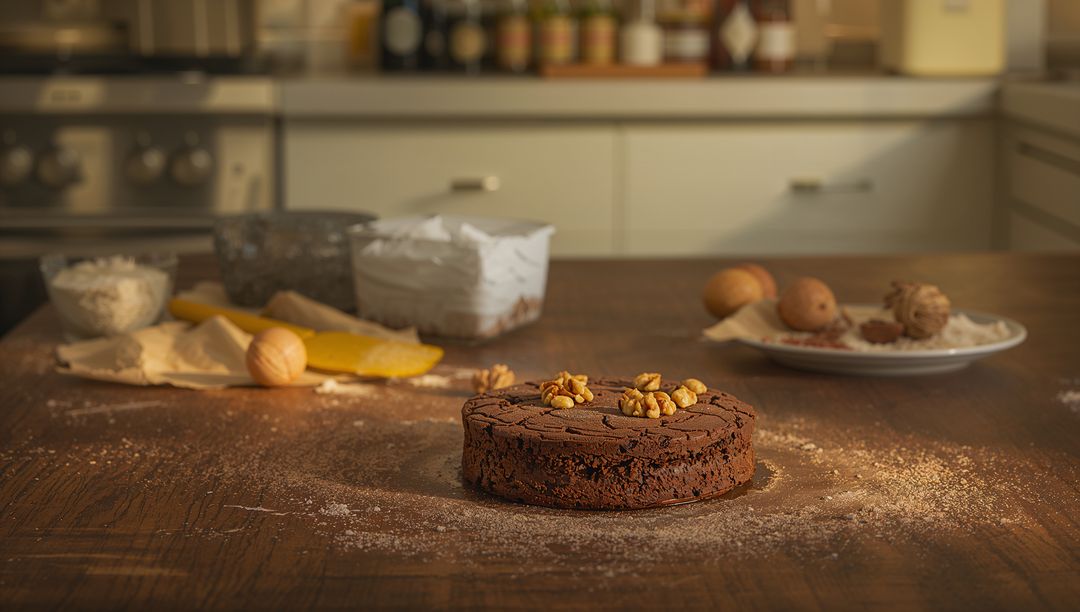 Rustic chocolate walnut cake resting on wooden countertop with flour and baking tools