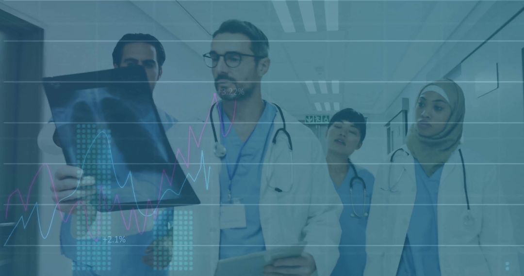 Diverse Medical Team Analyzing Data with Graphs Overlay