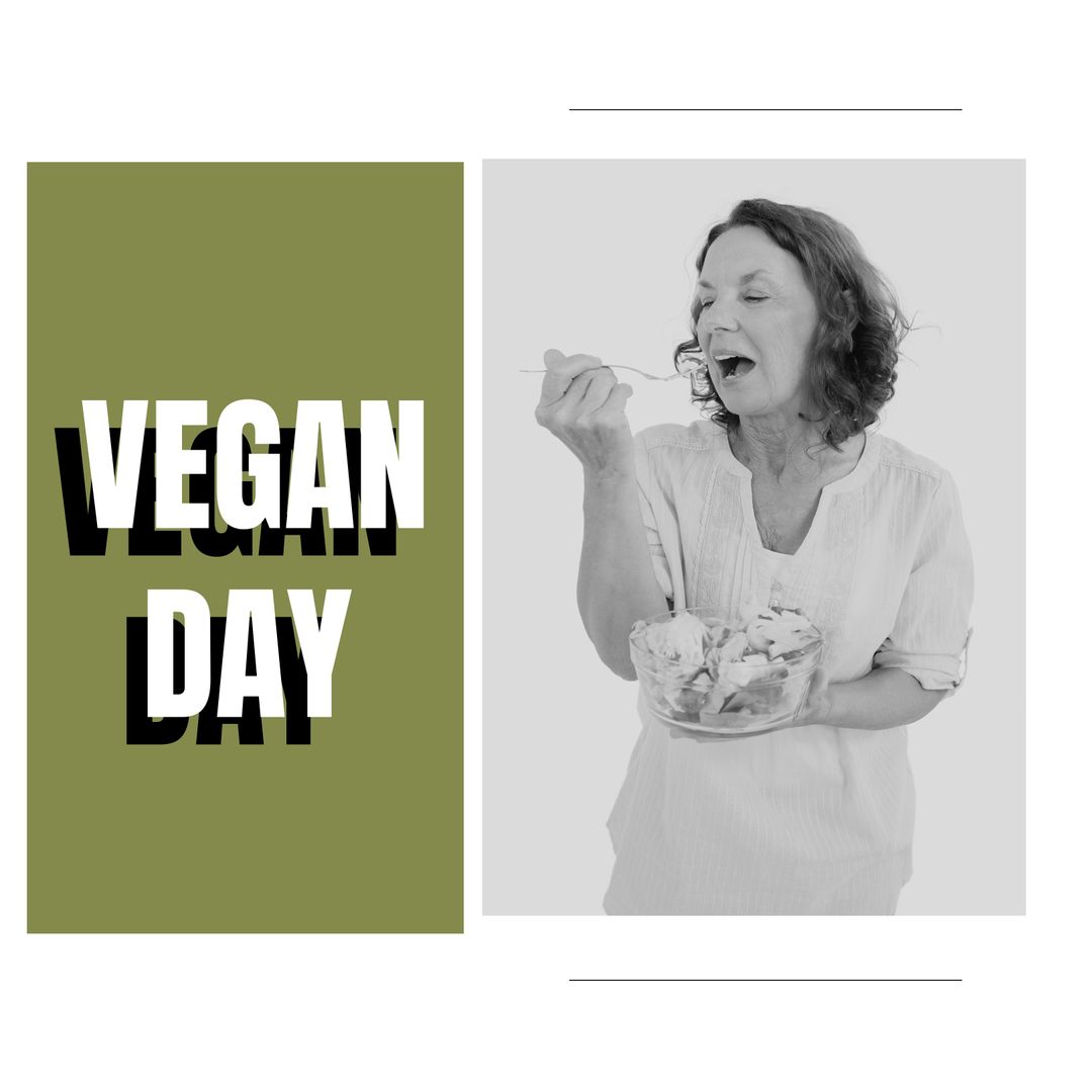 Smiling Woman Enjoying Vegan Salad with Text Overlay
