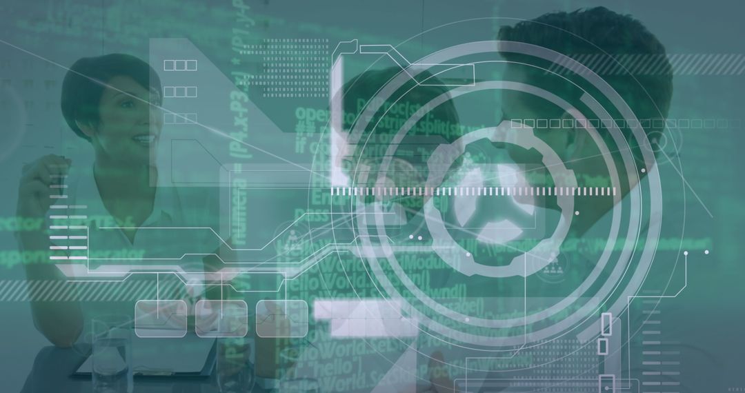 Futuristic Business Meeting with Digital Infographic Interface