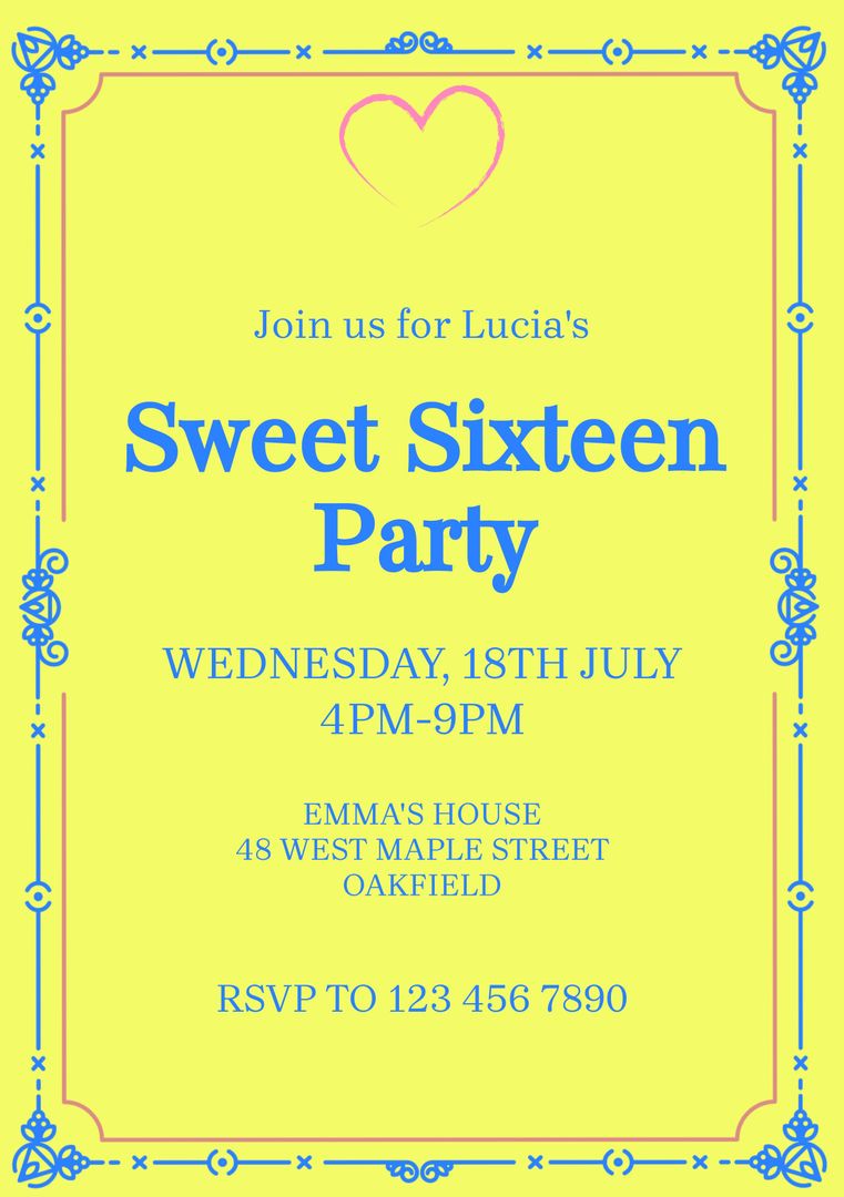 Vintage Sweet Sixteen Party Invitation in Bright Yellow with Heart Motif - Download Free Stock Templates Pikwizard.com