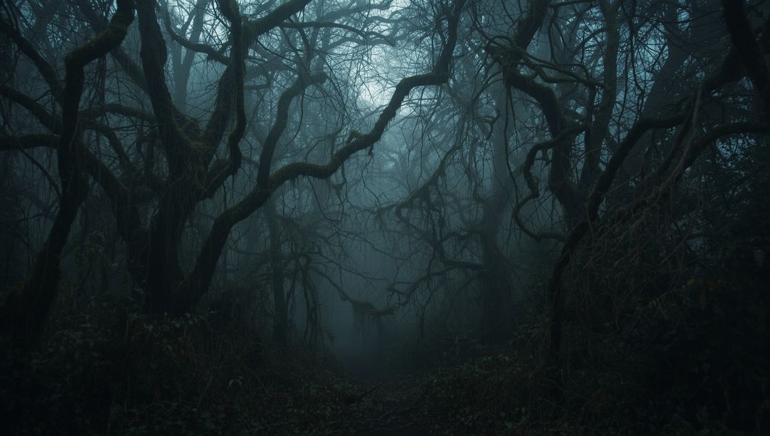Mysterious Foggy Woods with Gnarled Trees Enveloped in Twilight