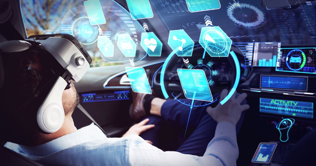 Businessman Using Virtual Reality in Autonomous Car with Digital Interface