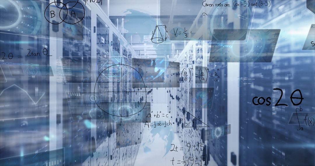 Futuristic Data Center with Mathematical Concepts Overlay