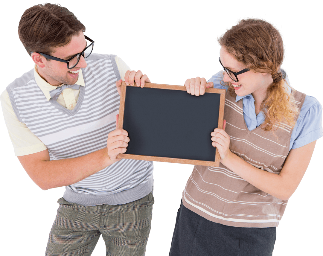 Transparent Background of Hipster Couple Sharing Black Board