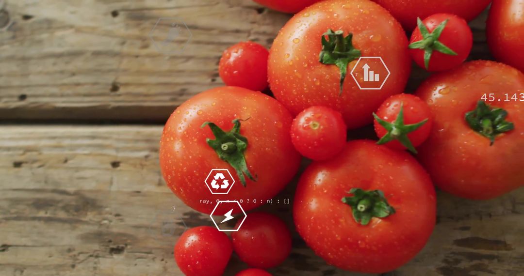 Ripe Tomatoes with Digital Icons on Wooden Surface