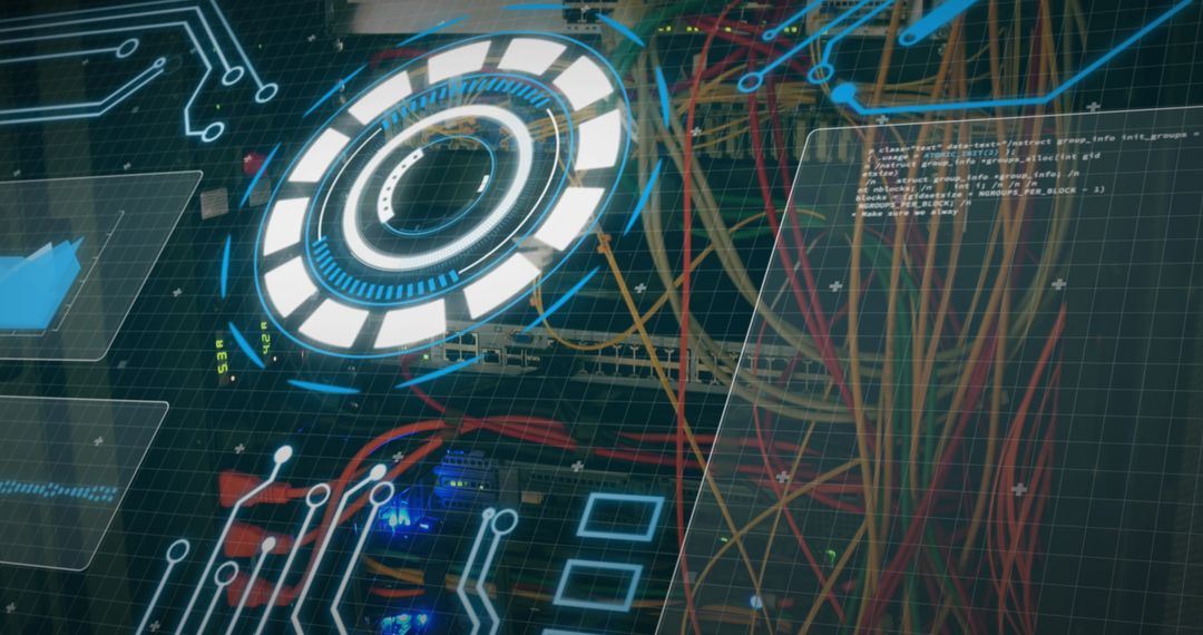 Futuristic Digital Interface Overlaying Data Server Room