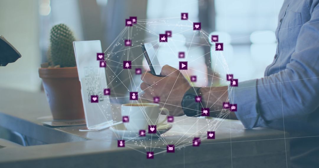 Man Scanning QR Code with Digital Network Overlay Concept