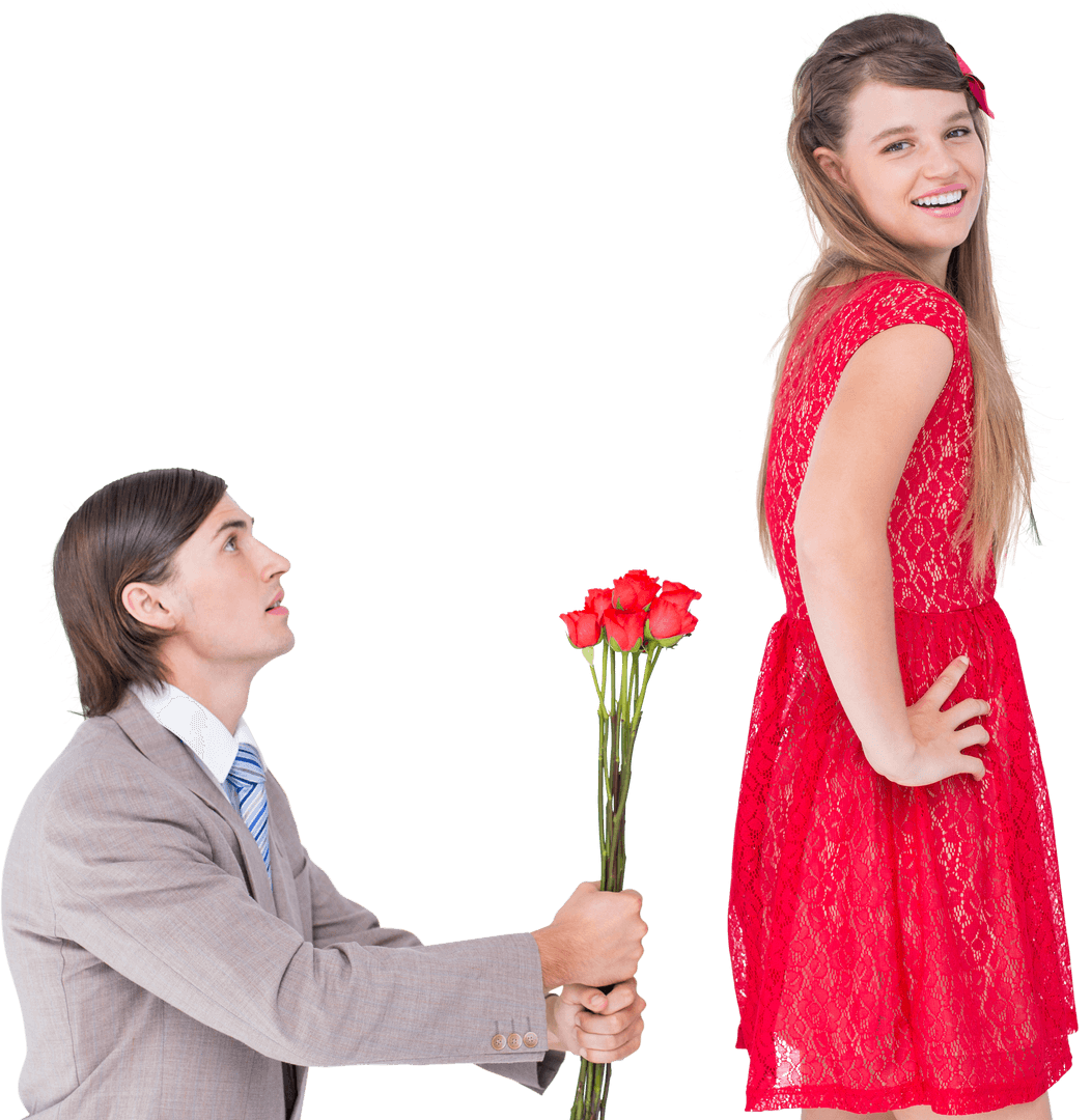 Transparent Proposal Moment with Flowers in Romantic Gesture