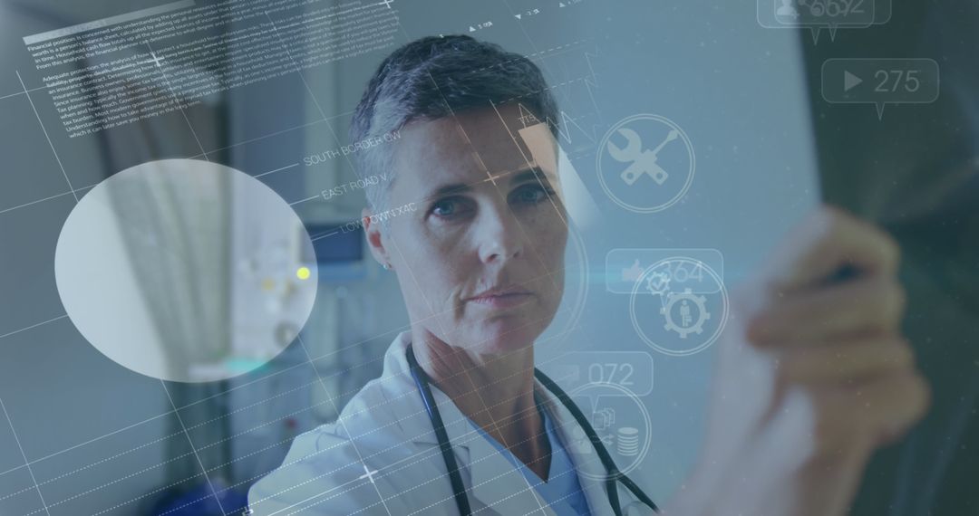 Caucasian Doctor Analyzing X-Ray Amidst Digital Interface