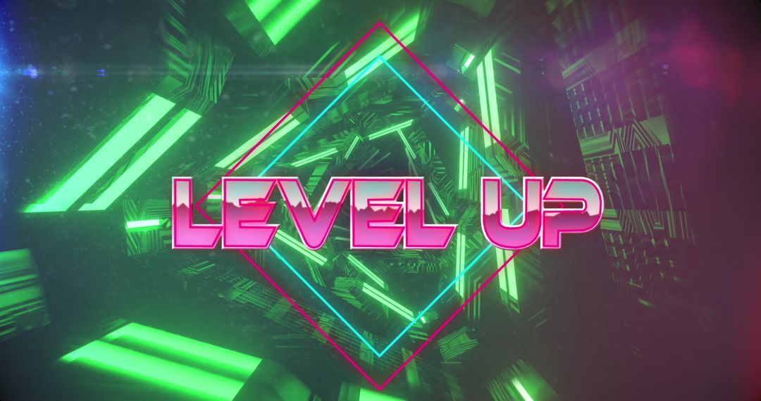 Neon Green Level Up Banner in Futuristic Tunnel Pattern