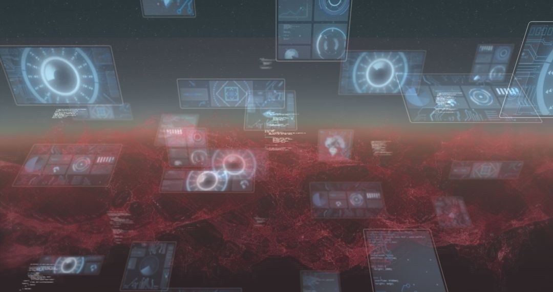 Futuristic Holographic Displays Over Digital Grid Landscape