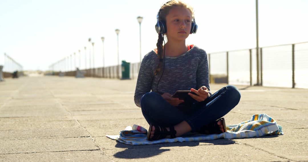 Teenage Girl Listening to Music on Headphones by Seaside Promenade - Free Images, Stock Photos and Pictures on Pikwizard.com