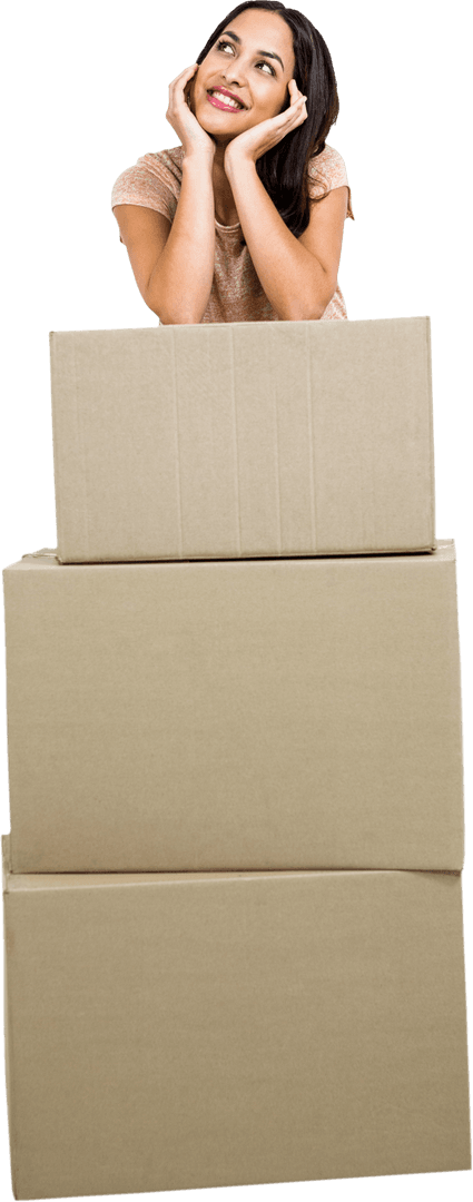 Happy Woman with Boxes on Transparent Background Celebrating Moving