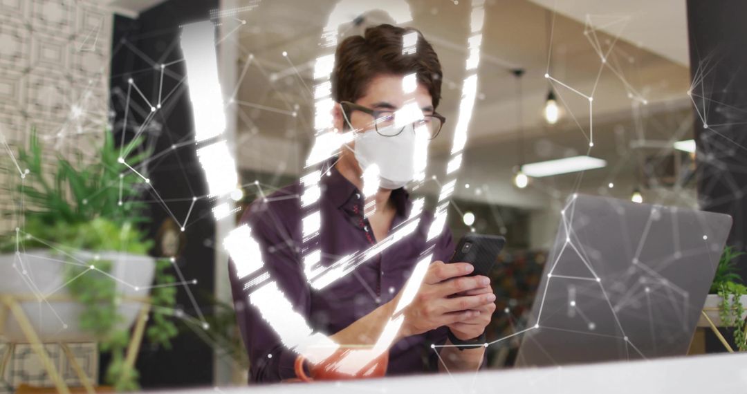 Man at Desk with Digital Network Overlay in Office Setting