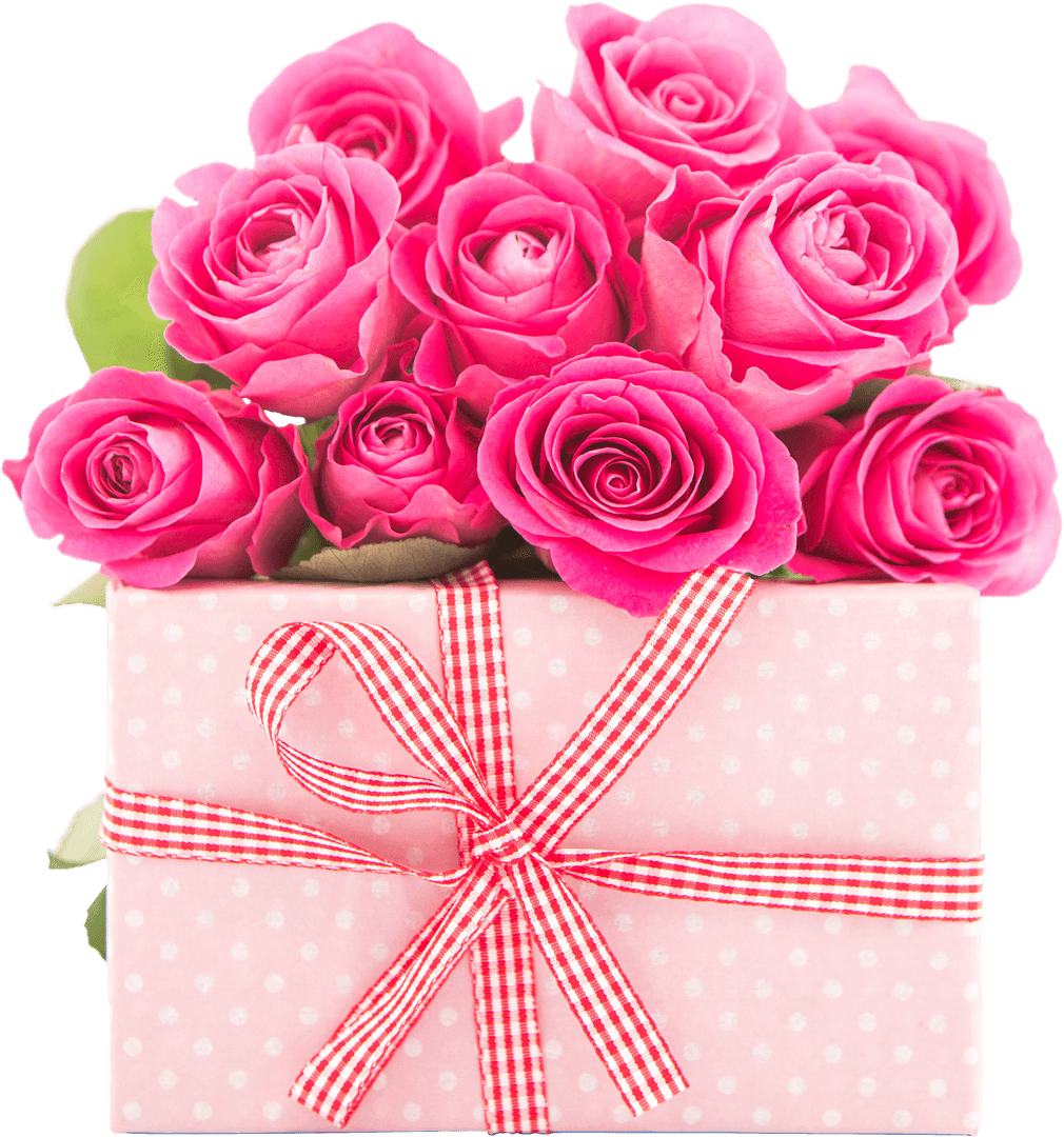 Pink Roses Bouquet with Gift on Transparent Background