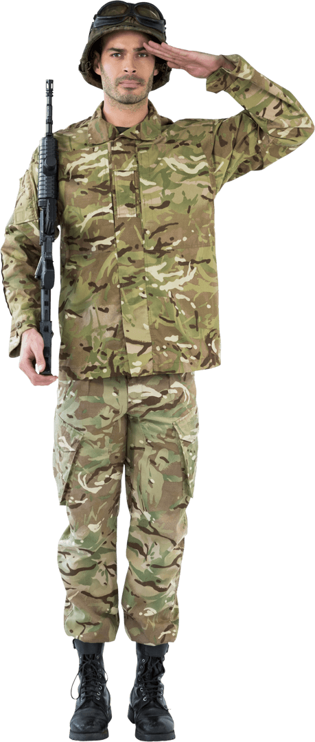 Soldier in Camouflage Uniform Saluting with Rifle in Transparent Background