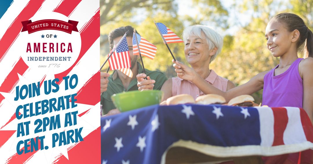 Family Celebrating American Independence Day with Flags at Park Picnic