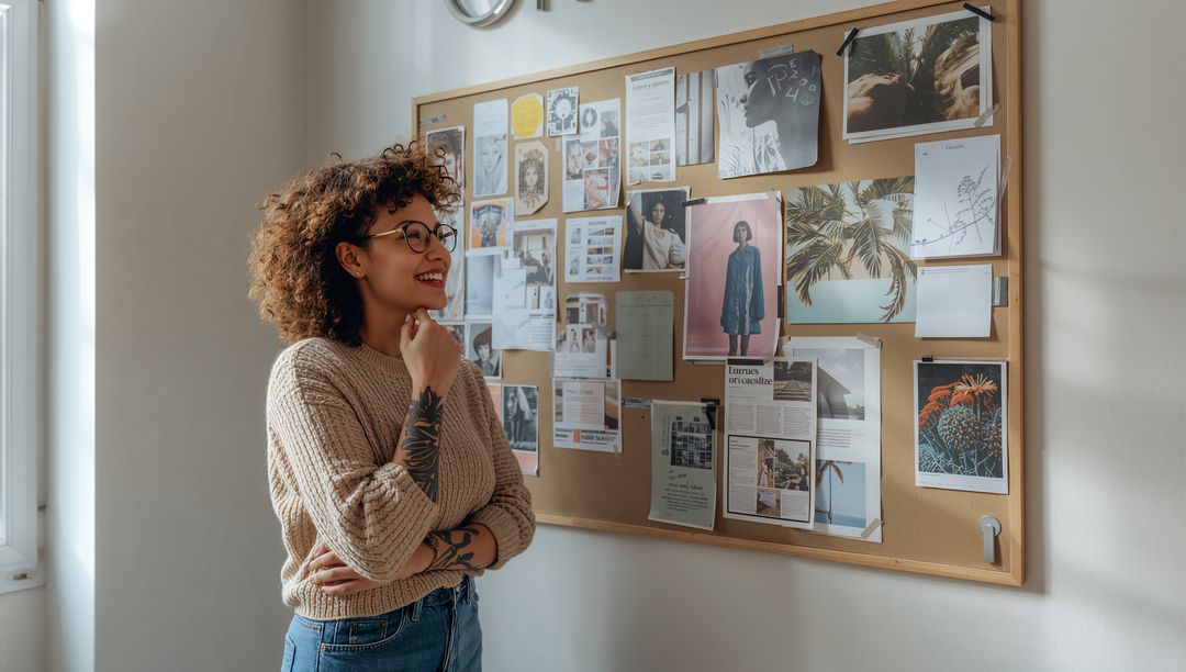 Creative designer reviewing moodboard in studio, smiling and brainstorming by window