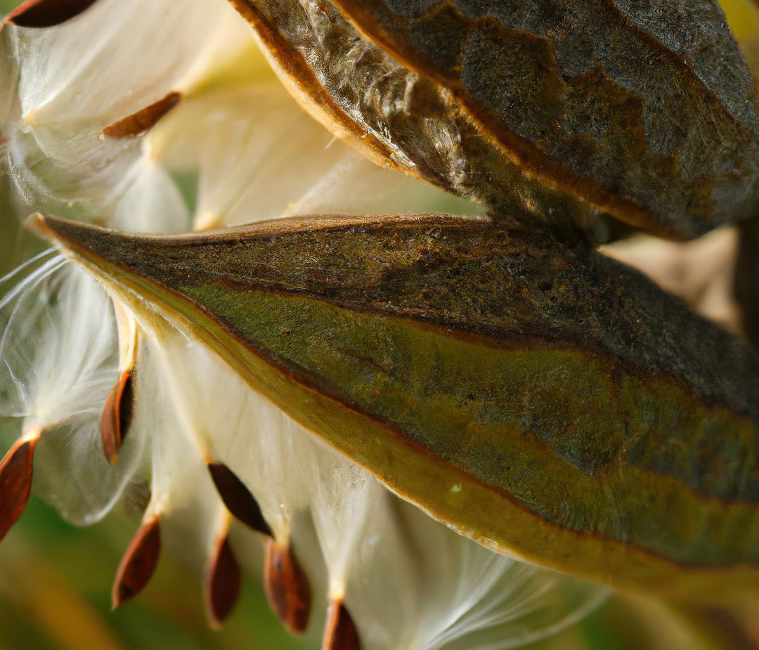 Close up of milkweed over green leaves created using generative ai technology - Free Images, Stock Photos and Pictures on Pikwizard.com