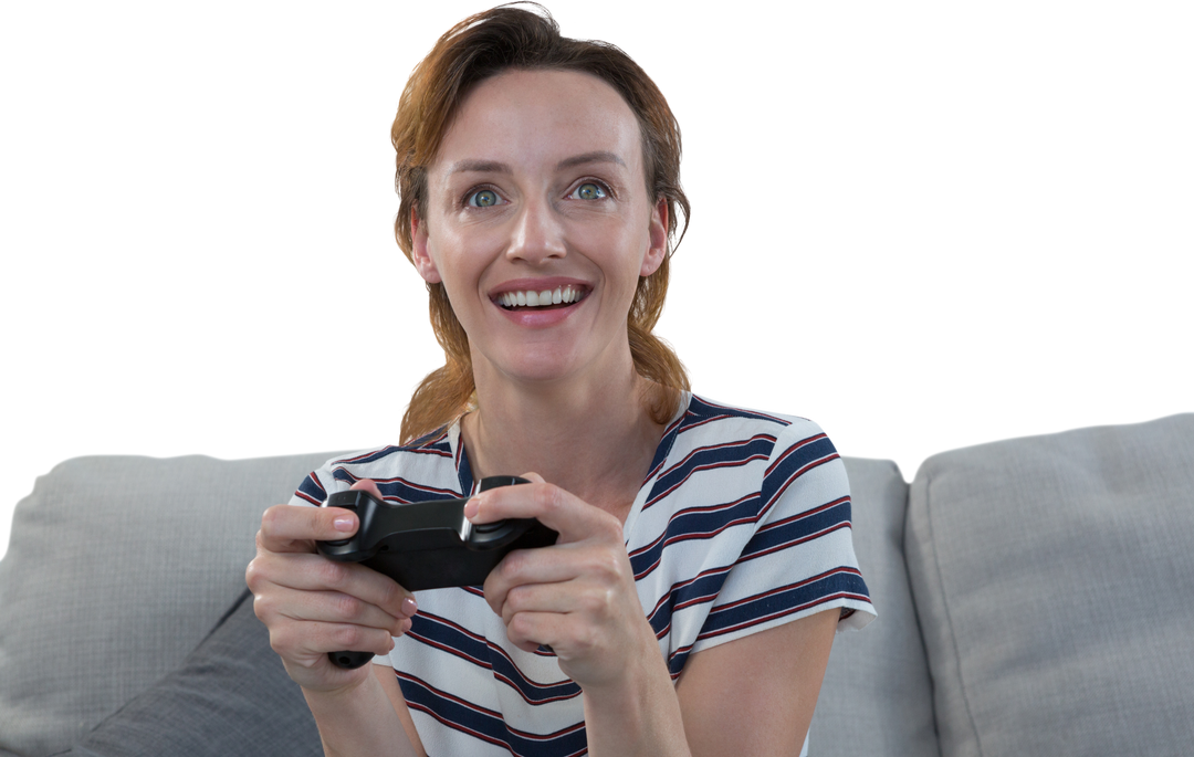 Transparent Woman Smiling While Playing Video Game on Sofa - Download Free Stock Images Pikwizard.com