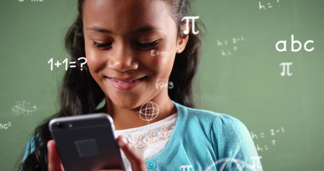 Smiling Girl with Smartphone and Floating Math Equations