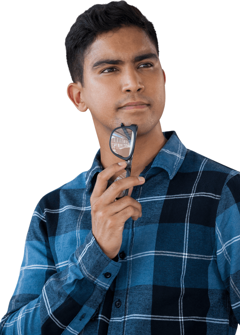 Thoughtful Young Man Holding Glasses Against Transparent Background