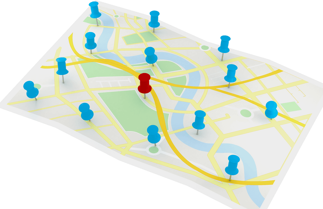 Transparent Map with Numerous Blue Pins and singular Red Pin on Street Map