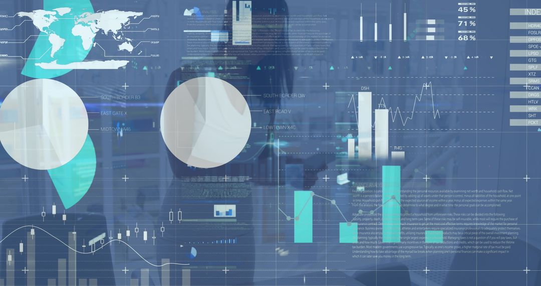 Digital Financial Data Overlay on Businesswoman in Modern Office