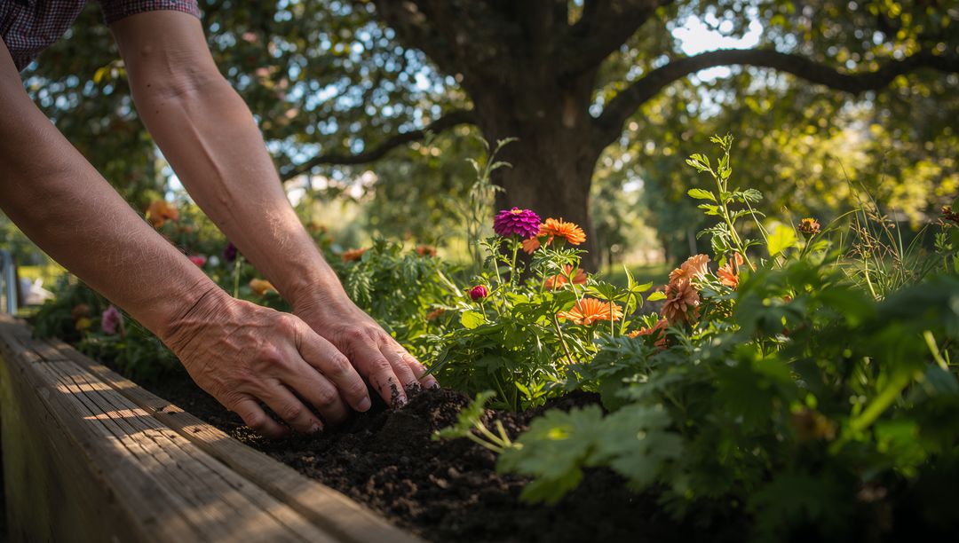Gardener hands smoothing soil in raised planter with orange and magenta blooms, closeup