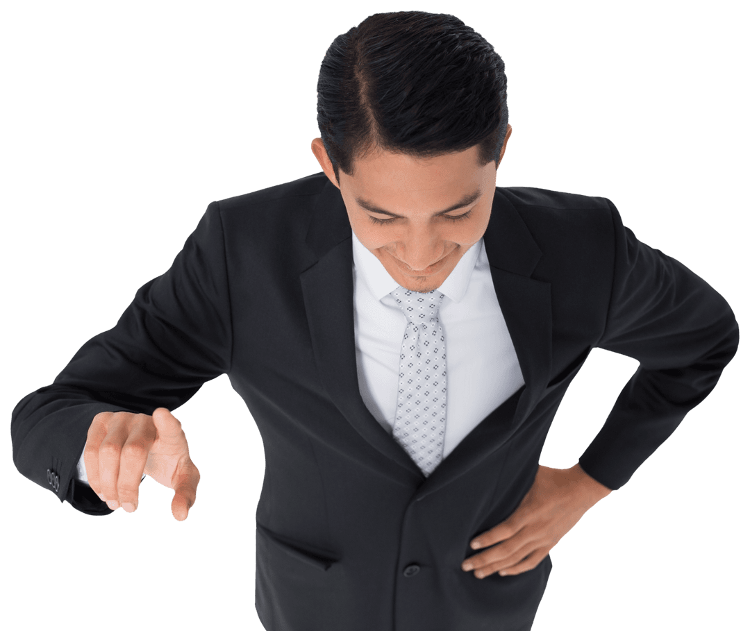 Confident Asian Businessman Pointing Down Transparent Background