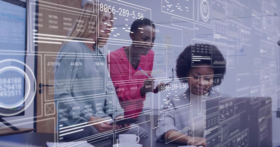 Colleagues Analyzing Data with Futuristic Technology Overlay