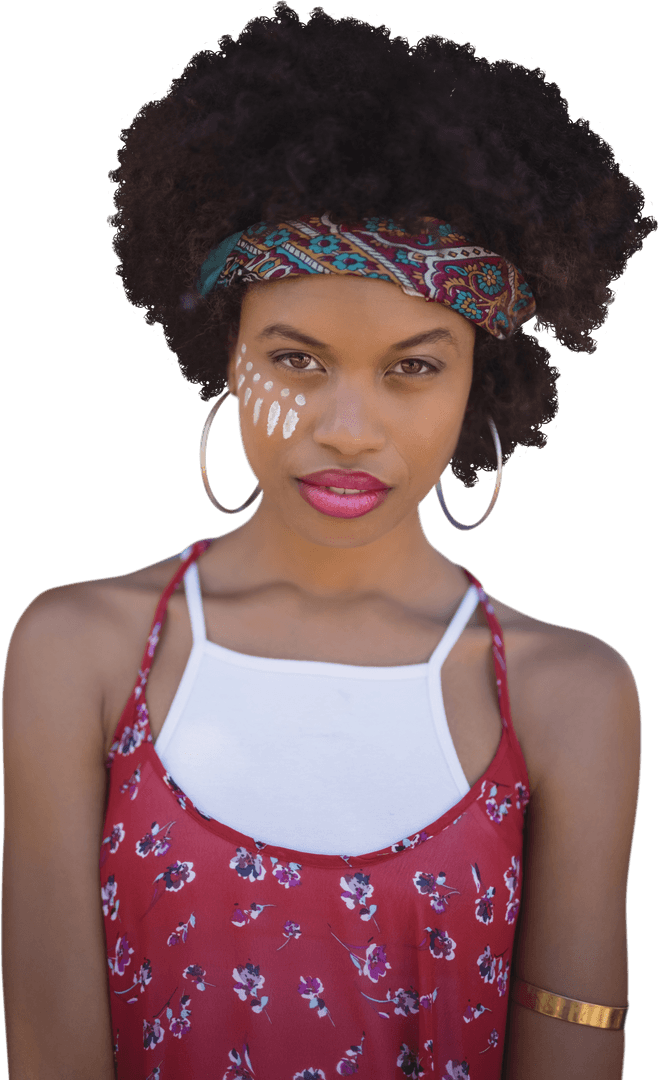 Confident Hippie Woman with Colorful Headband and Face Paint