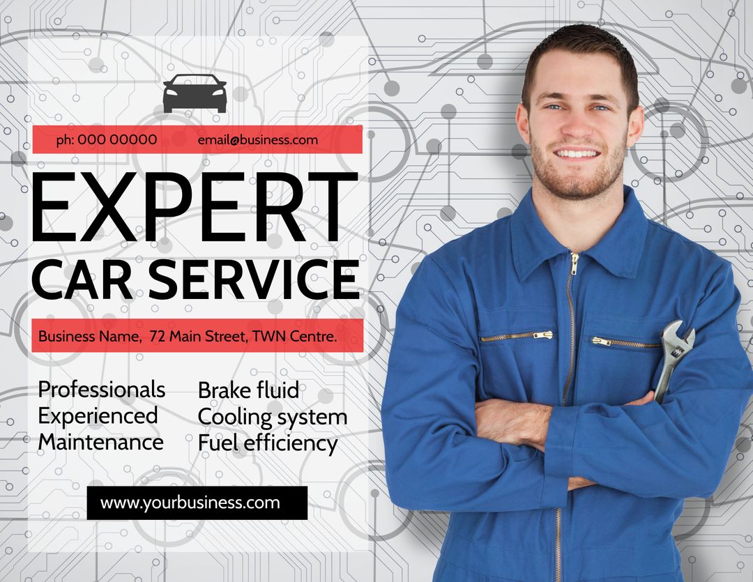 Professional Mechanic Standing with Automotive Schematics Backdrop