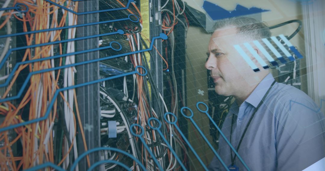 IT Technician Analyzing Data Centers with Futuristic Overlay