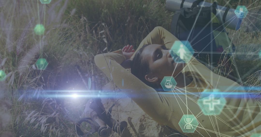 Hiker Relaxing in Nature with Futuristic Overlays